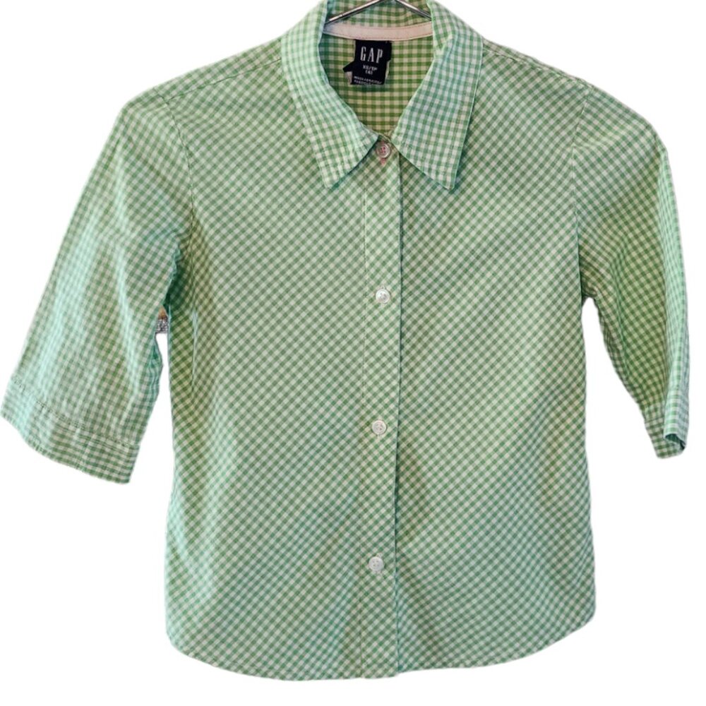 Gap Girl Half Sleeve Cotton Button Down Light Green White Plaid XS 4
